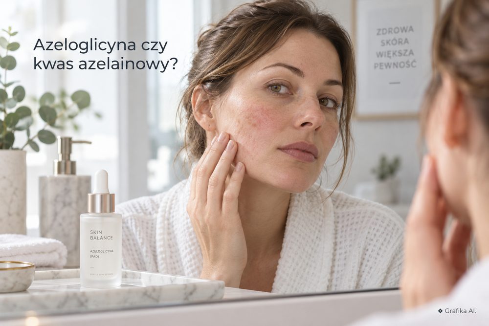 Kobieta z zaczerwienioną cerą przy lustrze i kosmetyk z azeloglicyną PAD