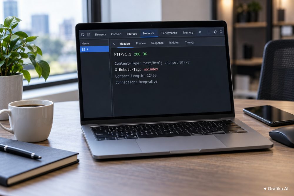 Laptop pokazujący nagłówek HTTP X-Robots-Tag noindex