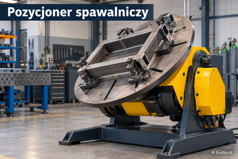 Pozycjoner spawalniczy z pochylonym stołem i stalową ramą zamocowaną w uchwytach