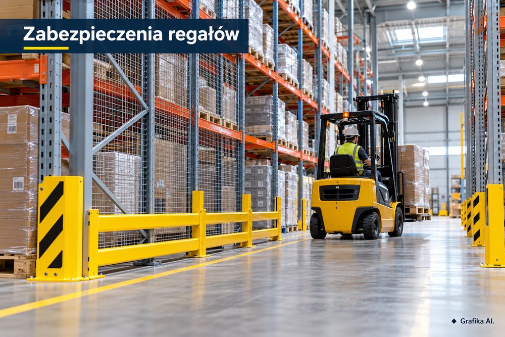 Odbojnice i siatki zabezpieczające regały magazynowe przy trasie wózka widłowego